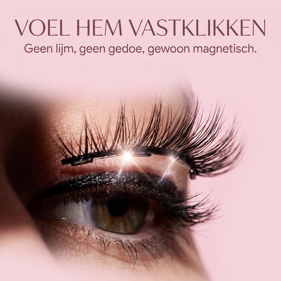 Close-up van oog met magnetische wimpers, die vastklikken. Geen lijm, gewoon magnetisch.