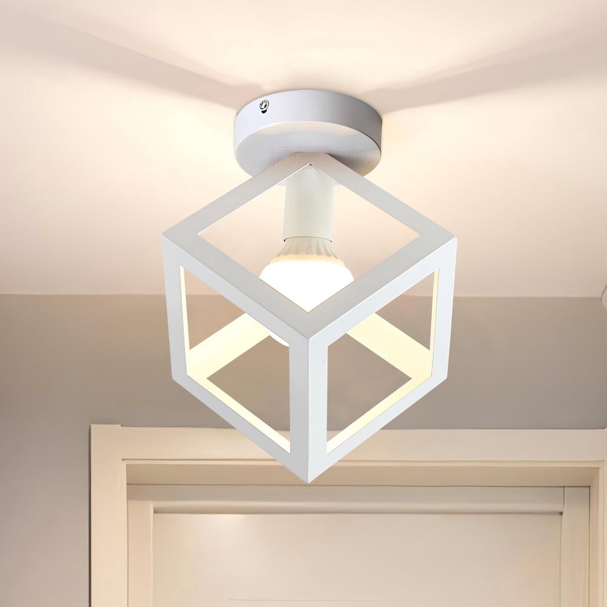 SnelShoppen - Moderne Geometrische Design Metaal Lampenkap Vintage Creatief E27 Plafondlamp voor Keuken Slaapkamer Café Restaurant Cube 16cm Wit