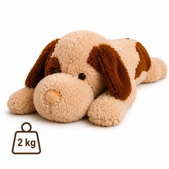 Bruine knuffelhond met beige vlekken, 2 kg indicator ernaast.
