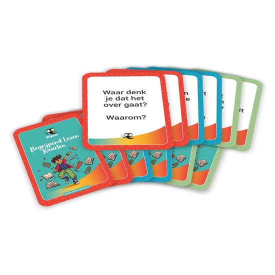 Kaarten met tekst 'Waar denk je dat het over gaat? Waarom?'. Kaarten met illustraties van een jongen en boeken.