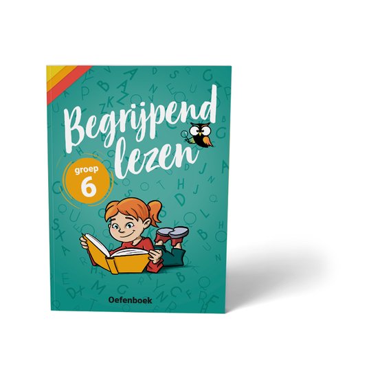 Boek 'Begrijpend lezen groep 6' met illustratie van een meisje dat leest. Achtergrond met letters.
