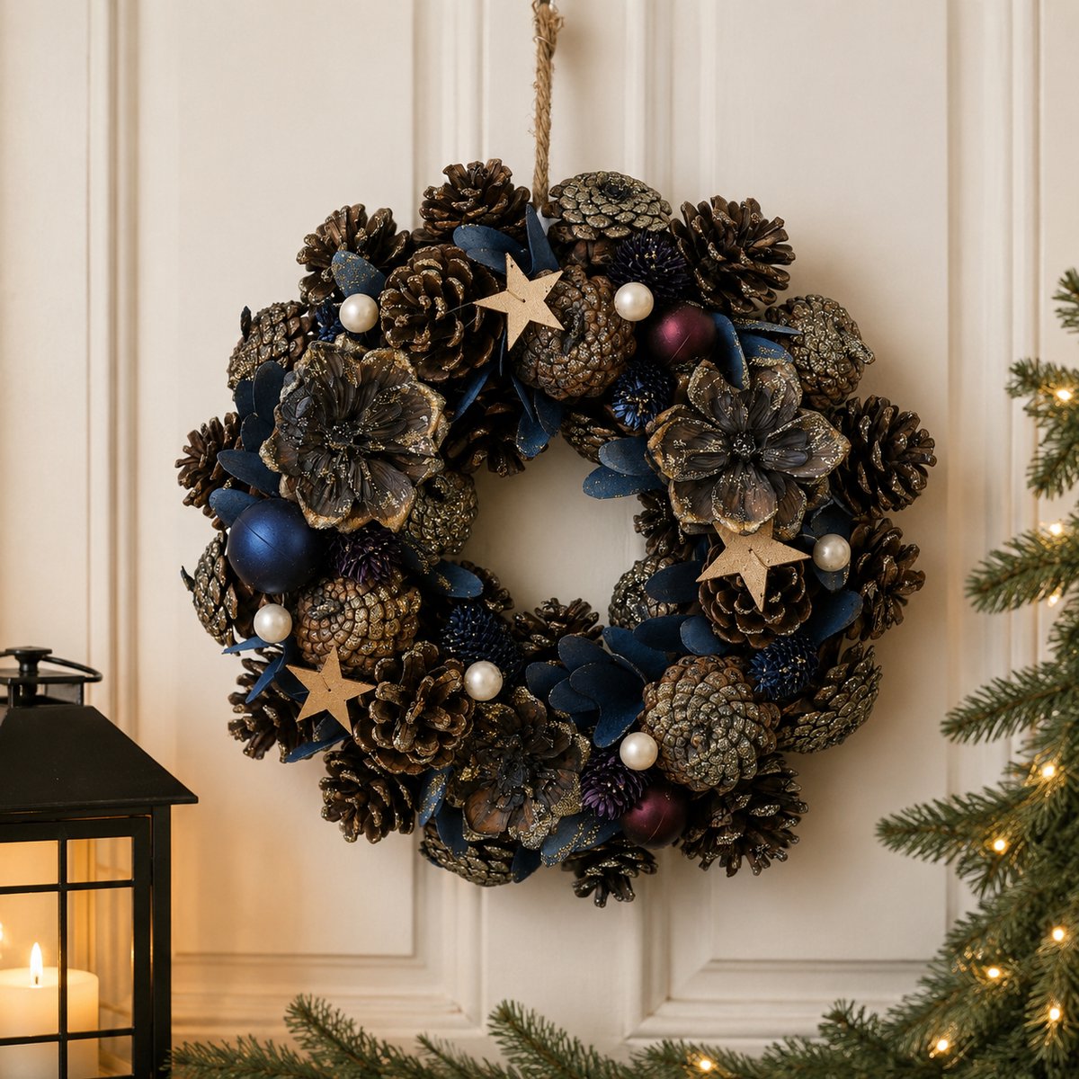 Landelijke Kerstkrans Ø 30 cm – Blauwe Deurkrans met Gouden Accenten en Dennenappels – Ronde Kerstdecoratie voor Binnen en Buiten – Blauw en Goud – foto 7