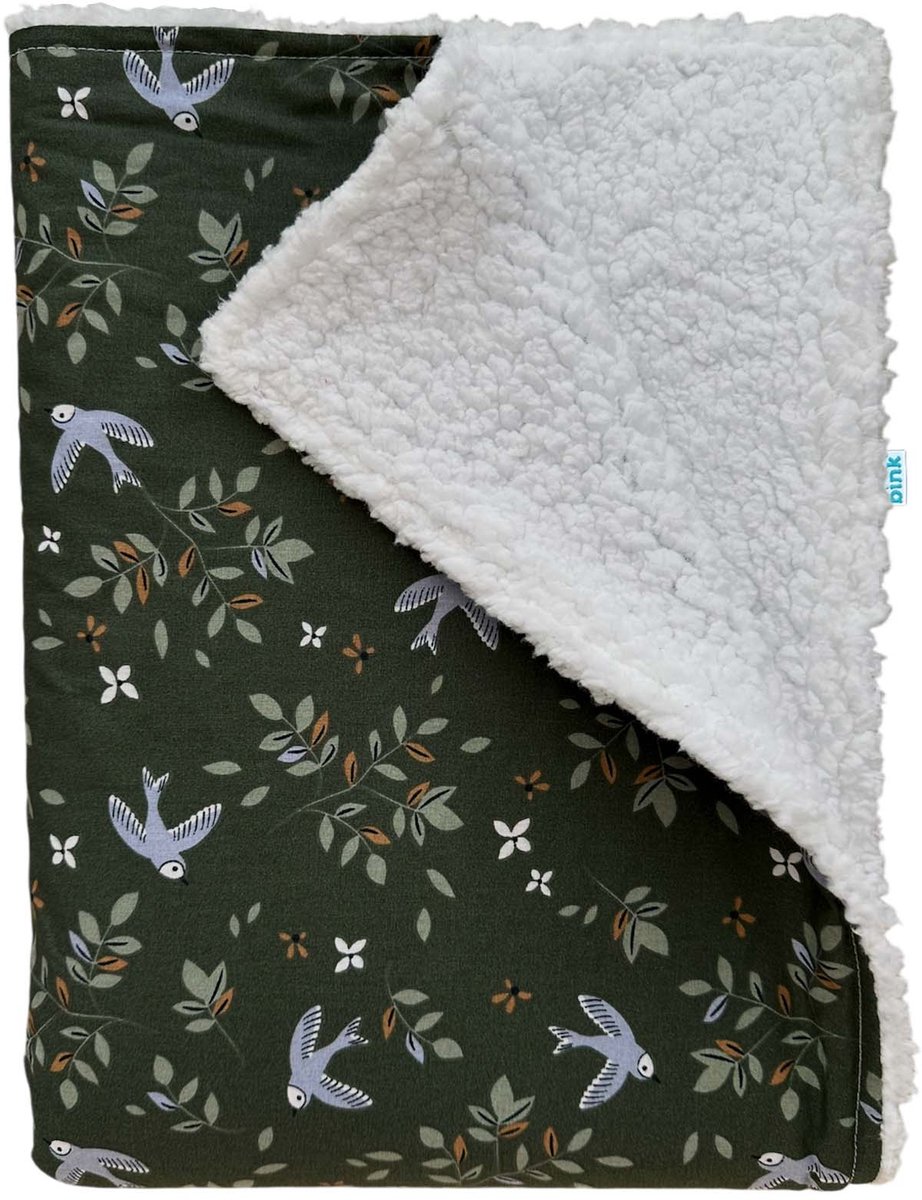 BINK Bedding Wiegdeken Merel/ - Kinderdeken - Sherpa – Groen met Vogels – Zacht Dekentje voor Wieg, Ledikant & Kinderwagen - Deken - 75x100 cm