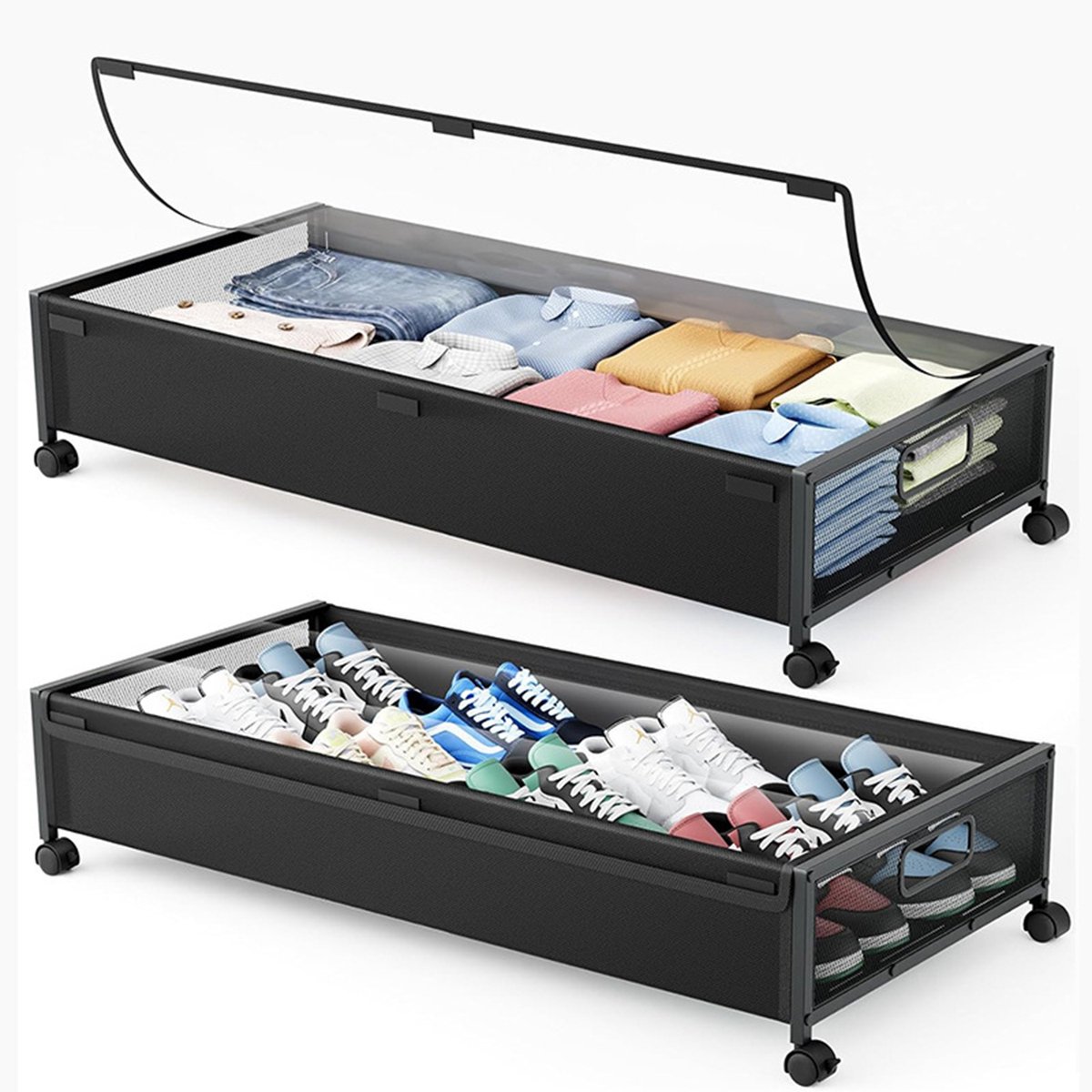 Opbergcontainers onder bed - Opbergboxen met wielen - Ruimte Besparen - Stabiel metalen frame - 2 stuks - Zwart