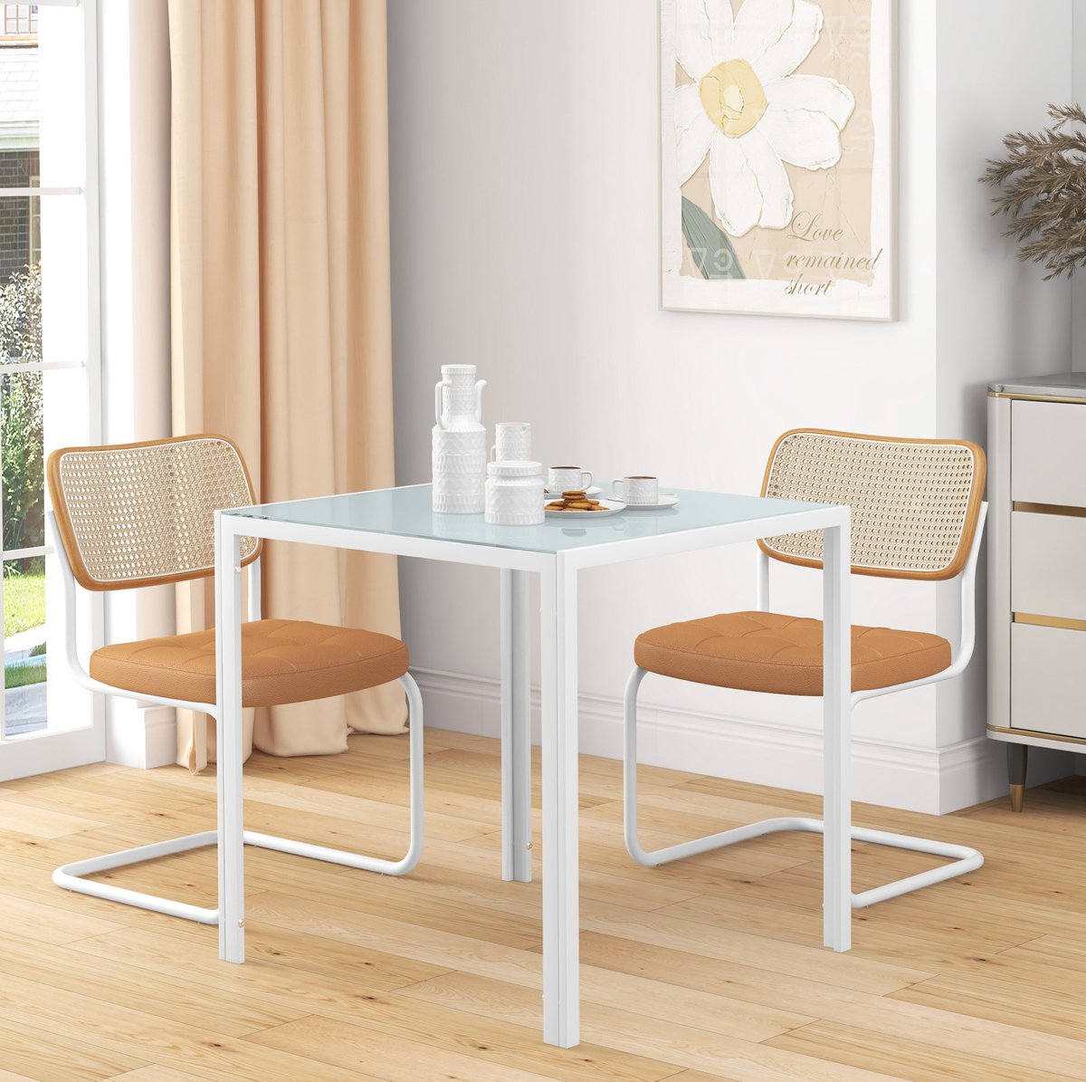 COVREO Eettafel 75 x 75 x 75 cm wit, glazen blad met metalen frame