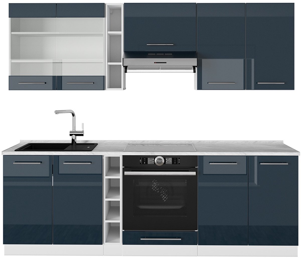 Vicco Fame-Line Keukenblok – 235 cm, WB Marmer Donkerblauw hoogglans/wit