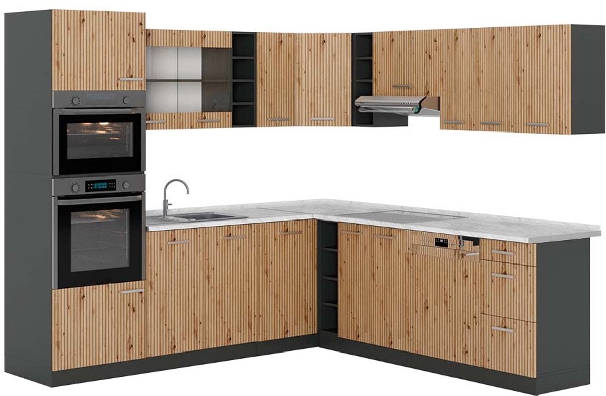 Vicco Hoekkeuken R-Line, Artisanaal eiken/Antraciet, 247 x 237 cm, WB Marmer