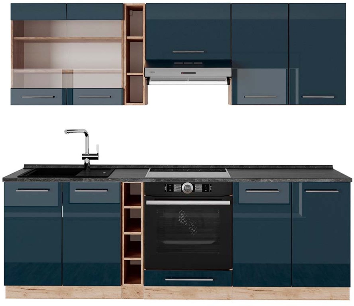 Vicco Fame-Line Complete keukeneenheid – 235 cm, WB Antraciet Donkerblauw hoogglans/gouden eik