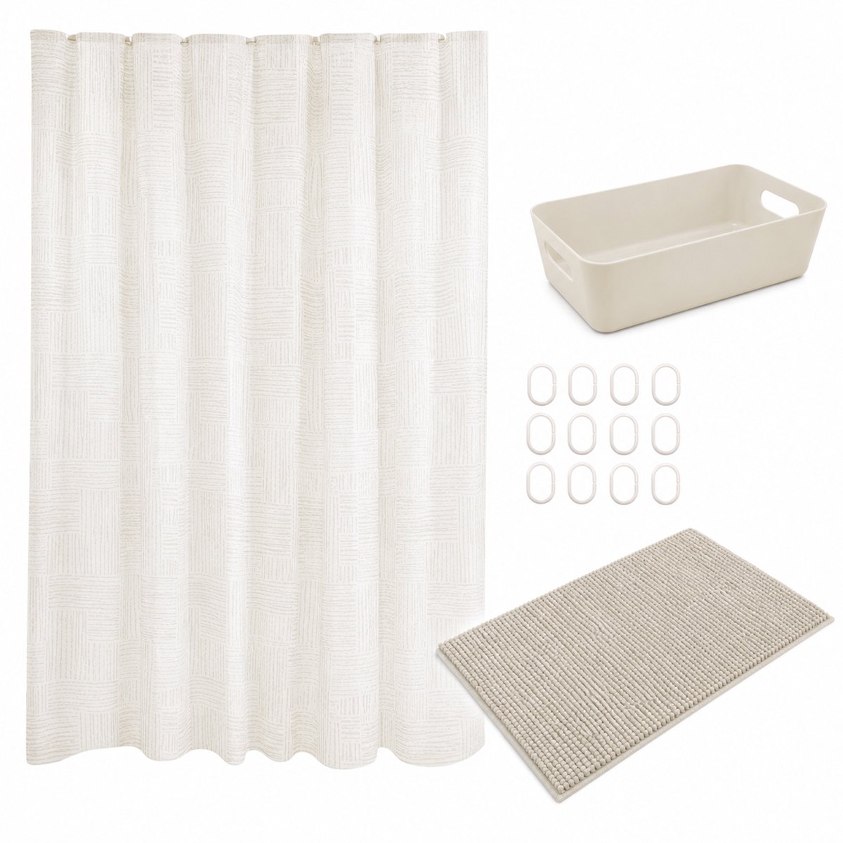 Badkamerset 4-delig - Douchegordijn 180x180 cm - Badmat 40x60 cm - Opbergmand - Beige