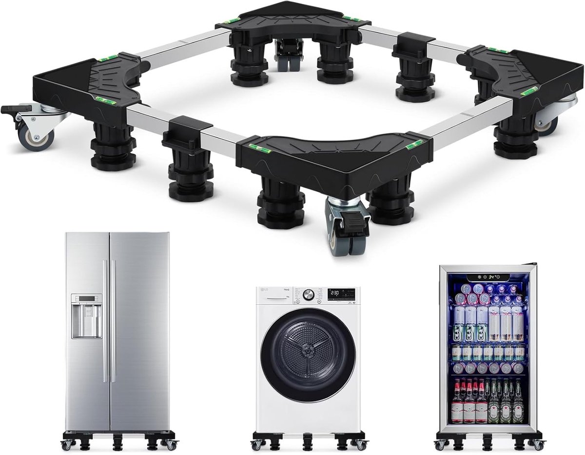 Verstelbare houder voor wasmachines en drogers, 61-78 cm, 300 kg capaciteit, stabiele basis, 4 wielen, geschikt voor grote apparaten