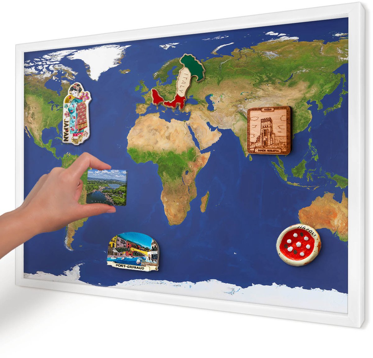 Artprintcave Marine Magneetbord mit Witte Lijst - 60x40 cm - De Wereld In Kaart Brengen Magnetische Organizer - Modern Magneetbord Voor Keuken - Kaarten