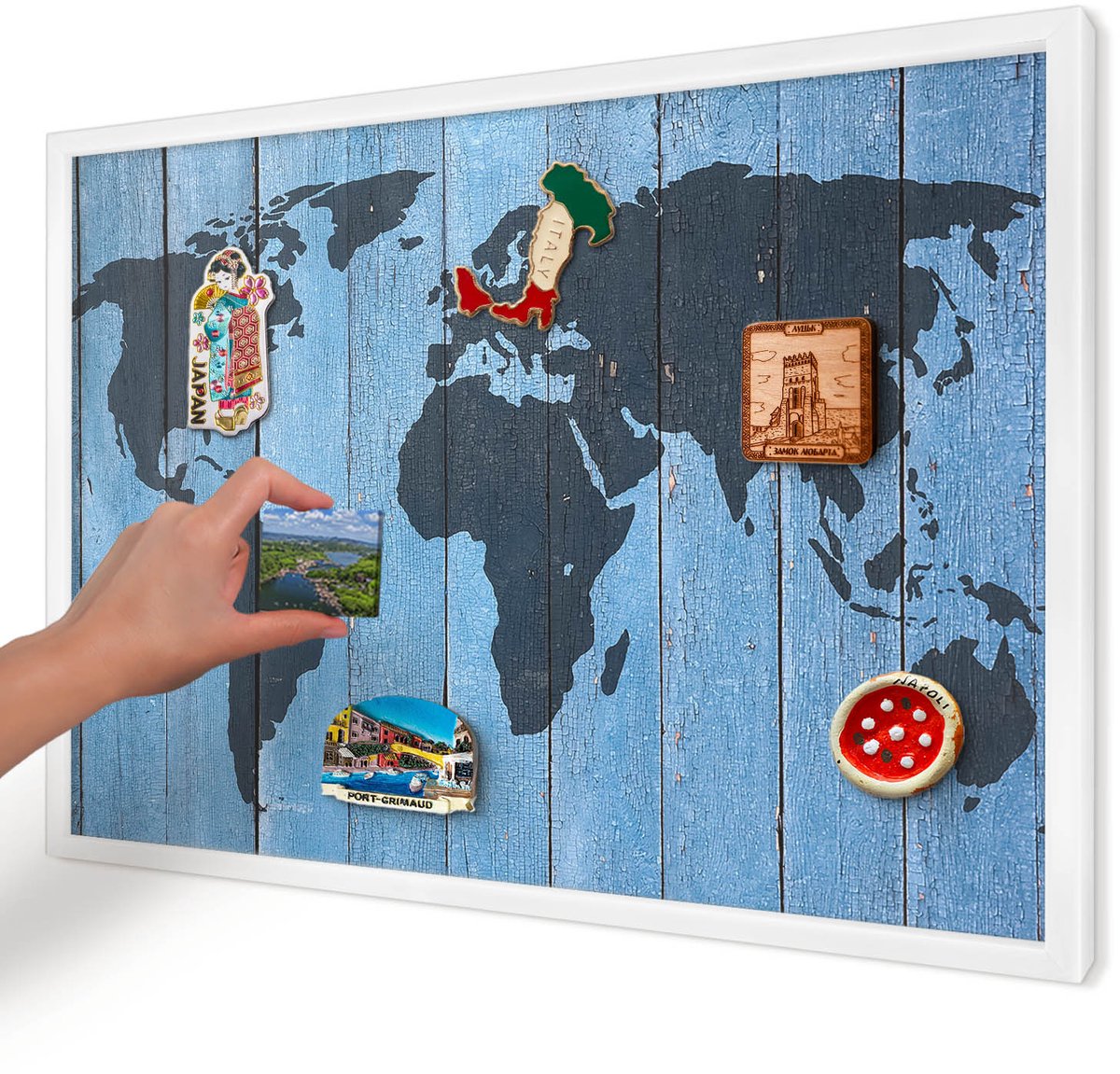 Artprintcave Blauw Magneetbord mit Witte Lijst - 60x40 cm - Wereldkaart Magneetbord Voor Keuken - Rustiek Memobord Keuken - Kaarten