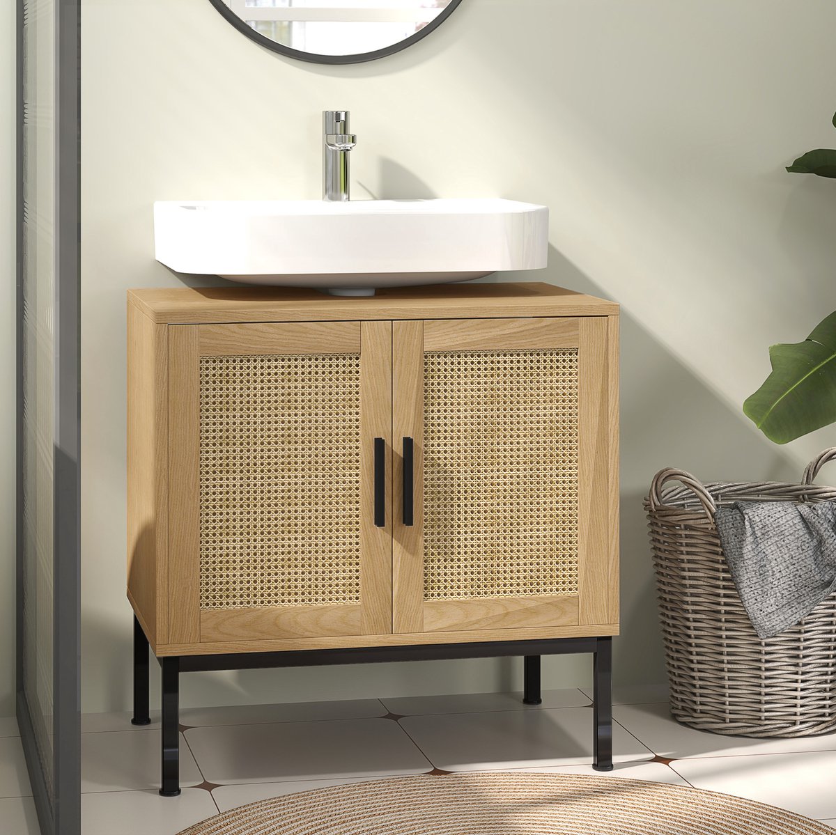 COVREO Badkamerkast 60x39x60 cm eiken, hout met rotanlook en 2 planken