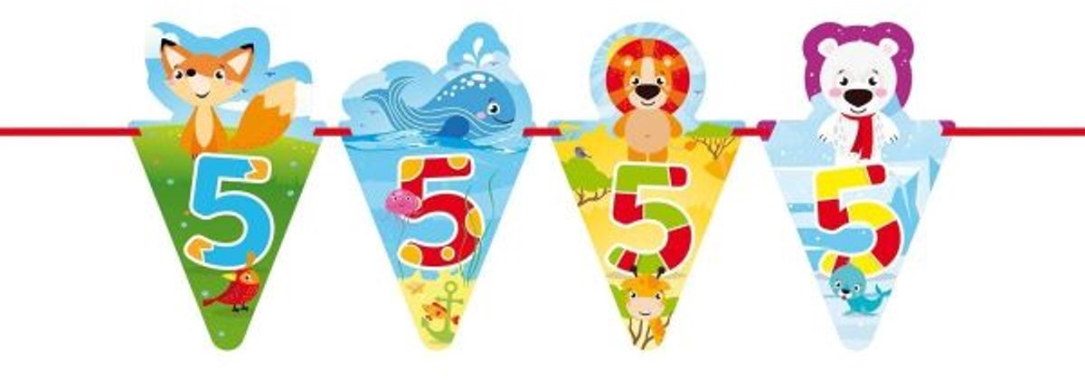2 stuks Dieren Vlaggenlijn / Slinger 5 jaar, Dieren, 6 meter Slinger, Vos, IJsbeer, Dolfijn, Leeuw, Dubbelzijdig, Verjaardag, Versiering, Jubileum, Feest, Lustrum, Kind, Kinderopvang, Peuter, Kinderfeest, School, Dier, Dieren, Groep 5