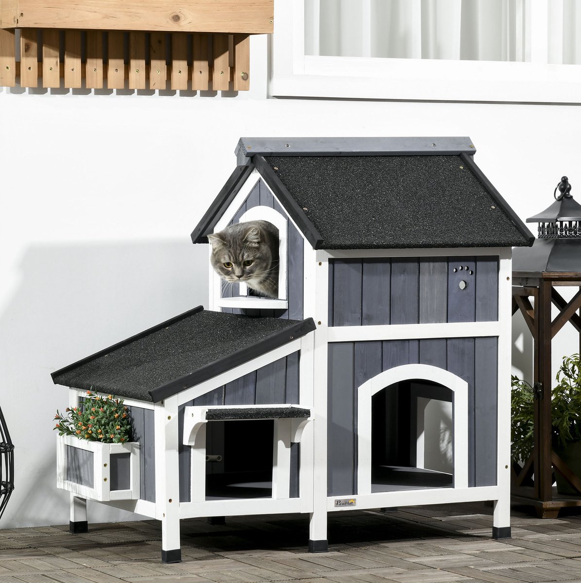 COVREO Kattenhuis 96 x 65 x 85,5 cm grijs, van hout met asfaltdak