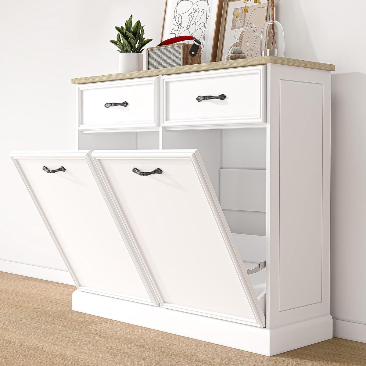 Uitschuifbare afvalbakkast – Inhoud van 20 gallon – Vrijstaande houten opbergkast – Huisdierbestendige, weg te werken afvalbakkast – 90×100×33 cm – Wit