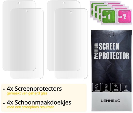 Vier screenprotectors, vier schoonmaakdoekjes en een verpakking met "Screen Protector" erop.