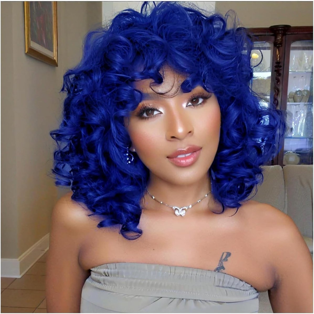 Afro Synthetische Grote Krullende Peruk met Pony voor Vrouwen en Mannen - Korte Bob in Blauw voor Halloween en Cosplay