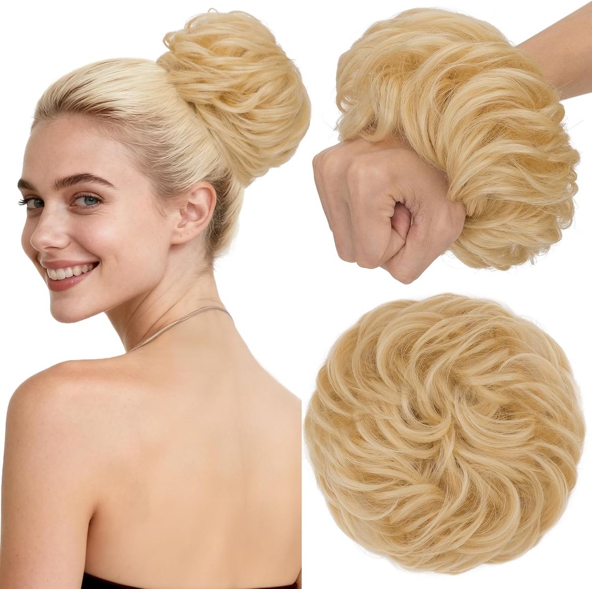 Dikke Haarbun voor Krullend Haar, 45g Elastische Scrunchie, Natuurlijke Look, Lichtblond #613R, Perfect voor Perücken en Haarstyling