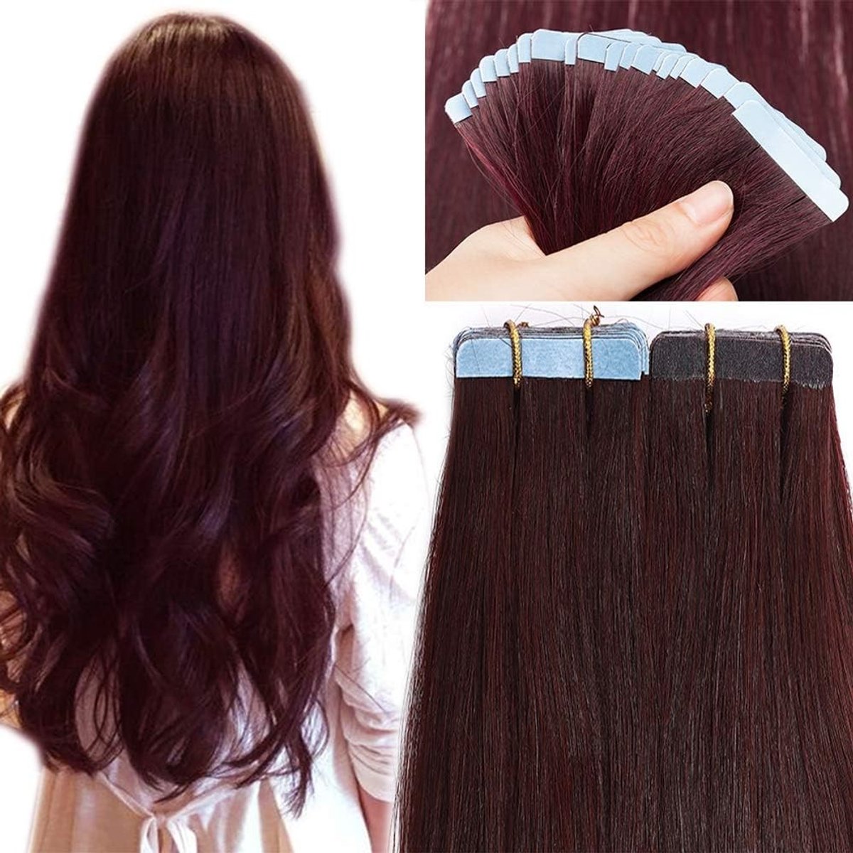 Tape Extensions Echthaar 20 Tressen/30g Klebeband Haarverlängerung 100% Remy Haar in Weinrot#99J 24"(60cm) voor Volumineuze Haarstyling