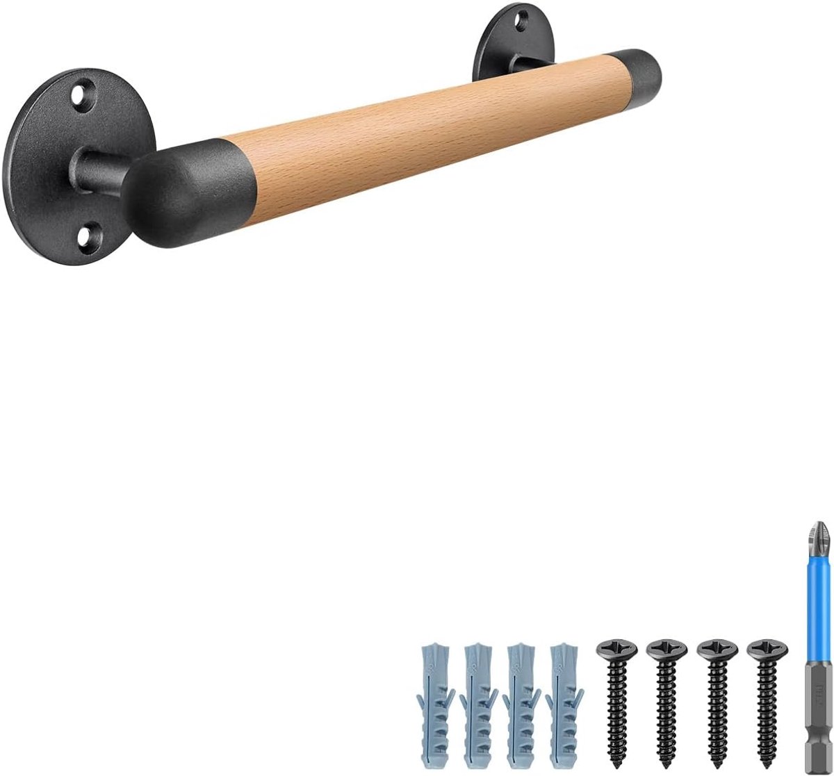 Houten handgreep voor binnen Handgreep voor trap – 38 cm Zwarte houten handgrepen Ronde trapleuningen Trapleuning zonder barrières voor ouderen Antislip handgreep