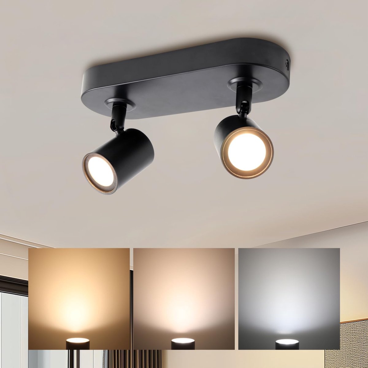 da LIGHT Led-plafondlamp, 2 lichtpunten, draaibare plafondspot, 3CCT spotlamp, warmwit/neutraal wit/koudwit, wandspot modern, 230 V, zwart, voor woonkamer, slaapkamer, keuken