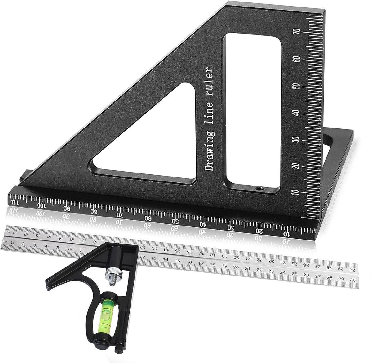 combinatiehoek 300 mm met waterpas, aantreknaald + 3D-verstekhoek, aluminiumlegering voor timmerman, dakdekker, ingenieur (zwart)
