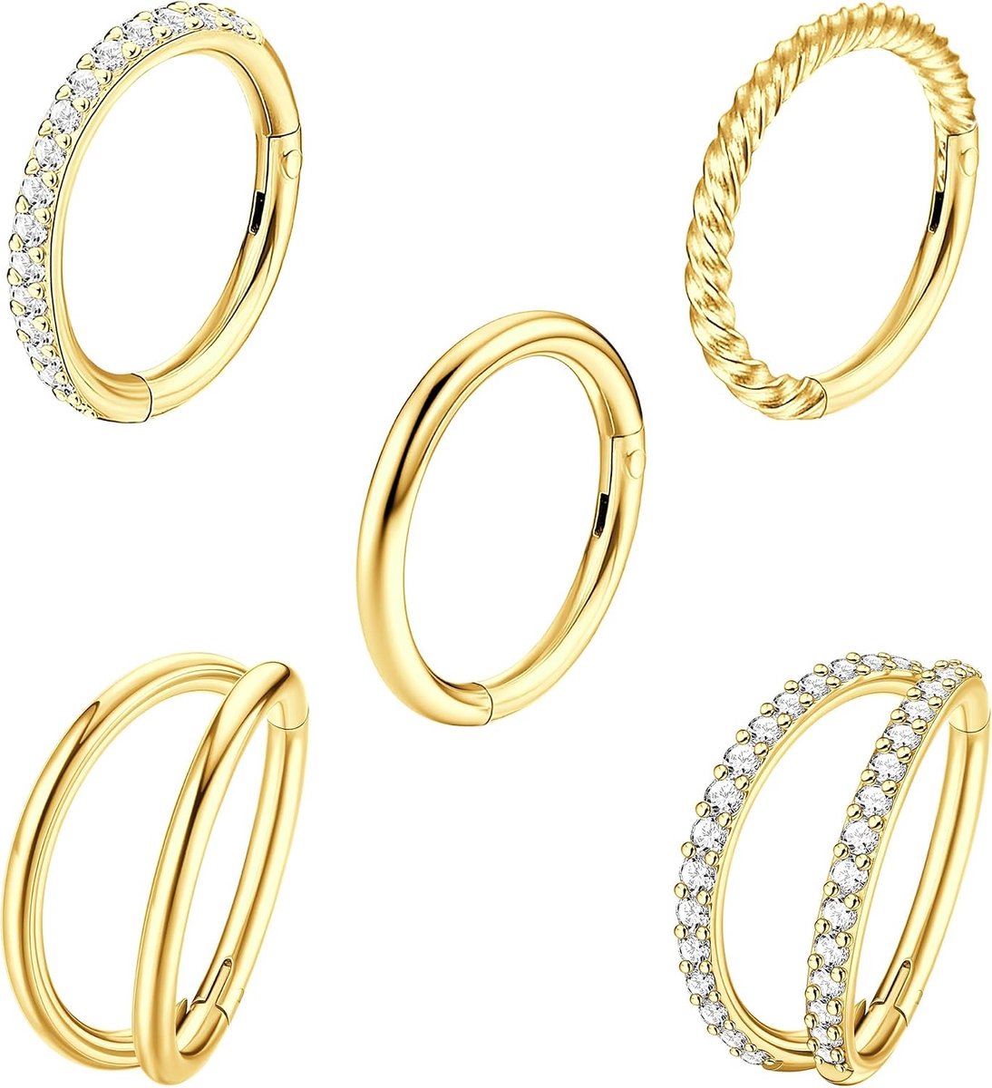 5 Stks 18G 16G Chirurgisch Stalen Neus Ringen Hoepel voor Vrouwen CZ Clicker Scharnierende Septum Ring Lip Helix Kraakbeen Dubbele Hoepel Oorbel Daith Rook Conch Body Piercing Sieraden voor