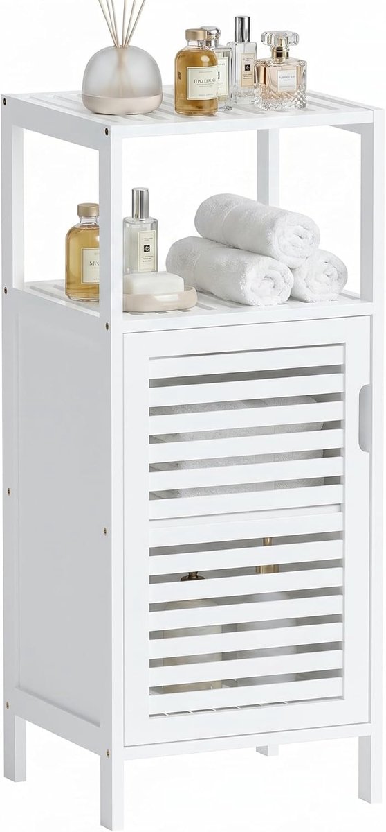 SnelShoppen - Bamboo Badkamer Opbergkast, 4 Laags Wit Vloerkast, Vrijstaand Smal Opbergmeubel voor Badkamer, Slaapkamer en Woonkamer, Inclusief Haken