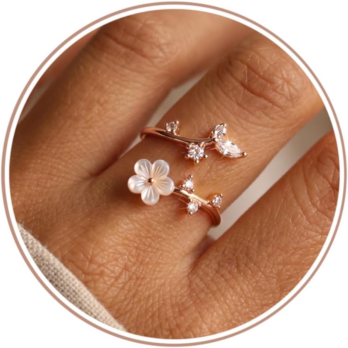 Ring voor dames, 14K verguld, verstelbaar, bloemenring, dames, waterdicht en hypoallergeen, zilveren ringen met zirkonia, cadeau voor vrouwen