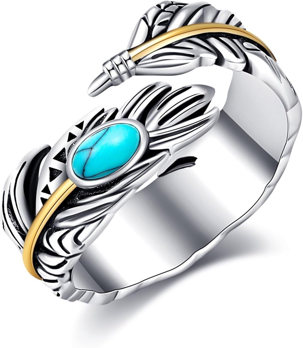 veerring 925 sterling zilver vintage brede veren ringen open ring turquoise westerse stijl sieraden geschenken voor vrouwen