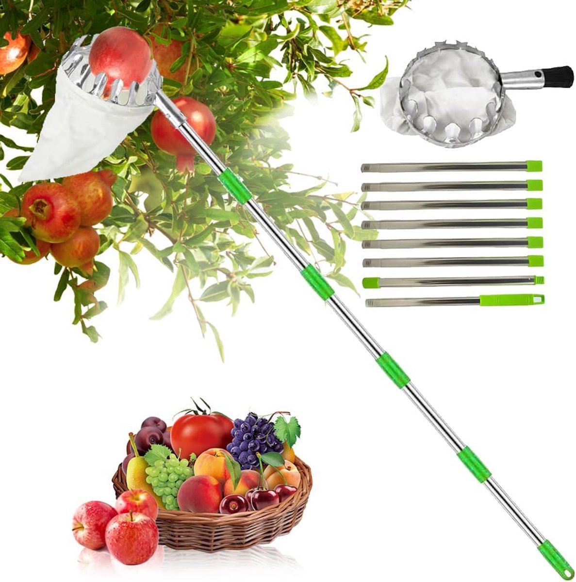 diameter 16 cm, 3,4 m, appelplukker, kersenplukker met katoenen zak, fruitverzamelaar, fruitplukker voor kersen, pruimenplukker, fruitpicker voor het bereiken van ontoegankelijke