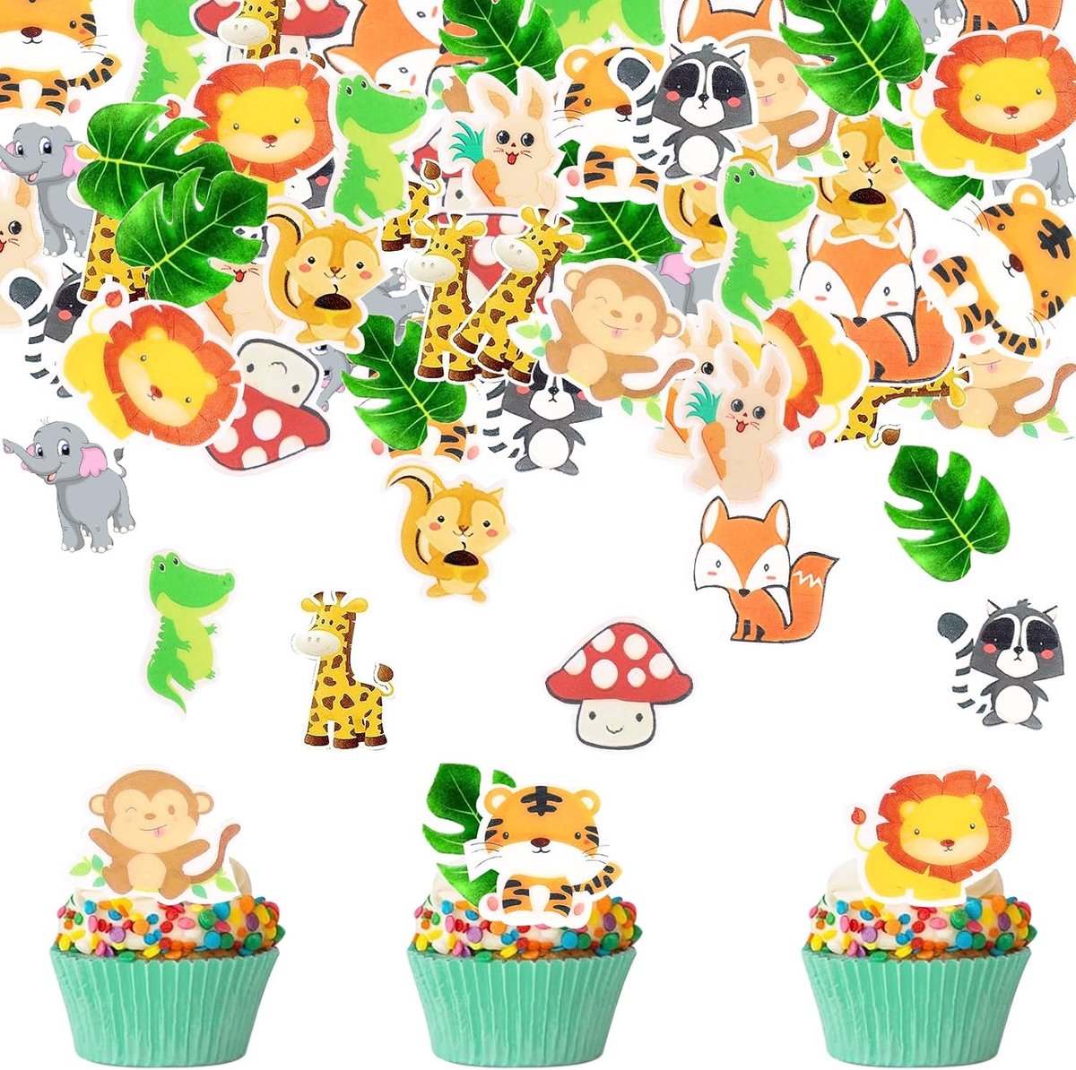 Eetbare Taartdecoratie Jungle, Muffin en Cupcake-Toppers met Dieren, Bosdieren Voor Verjaardag