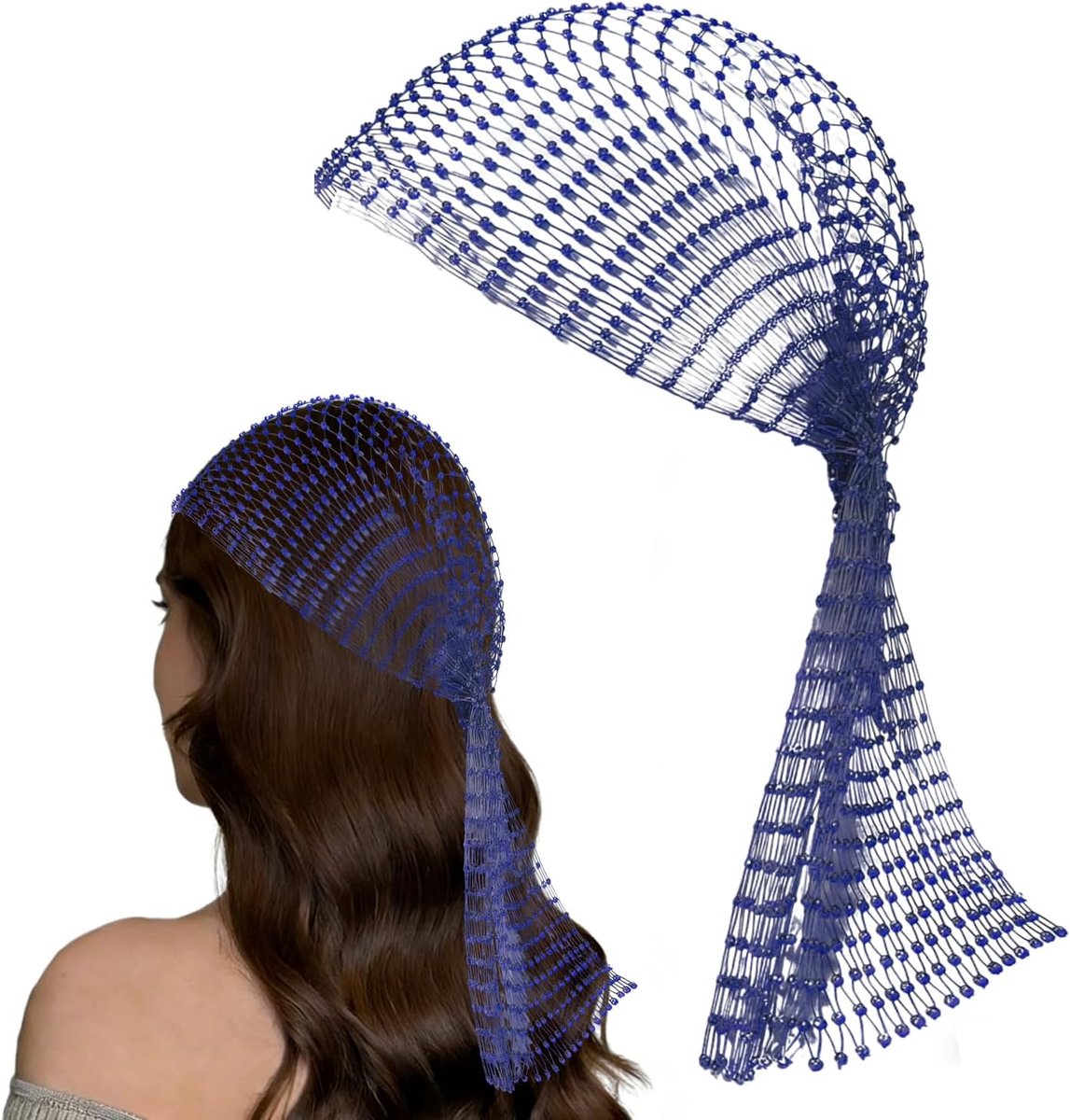 strass visnet headpiece, 90 cm elastisch chainmail voor dames, opengewerkt ontwerp, haarjuweel voor nightclub en kostuum, Blauw