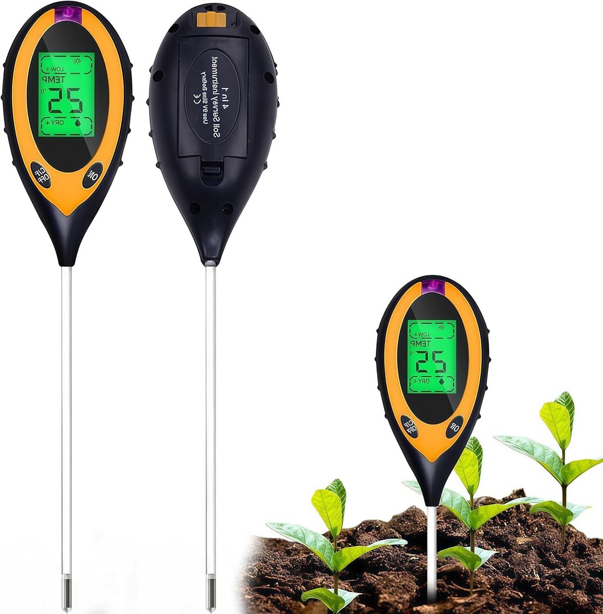 Bodemtester 4-in-1 - Bodemvochtmeter pH-meter - Plantenonderhoud - Meet Vocht Temperatuur Licht pH - 6 x 4 x 1 cm