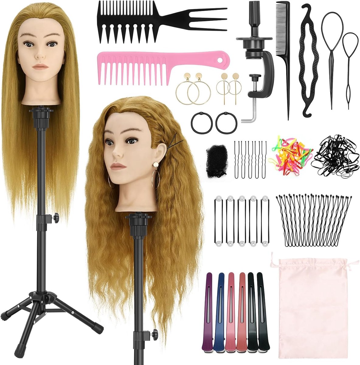 Kaphoofd van echt haar met statief, trainingshoofd met 90% echt haar, 61 cm, etalagepop, hoofd, oefenhoofd, kappershoofd, cosmeticapop, hoofd met tafelklemhouder en kappers-gereedschapsset