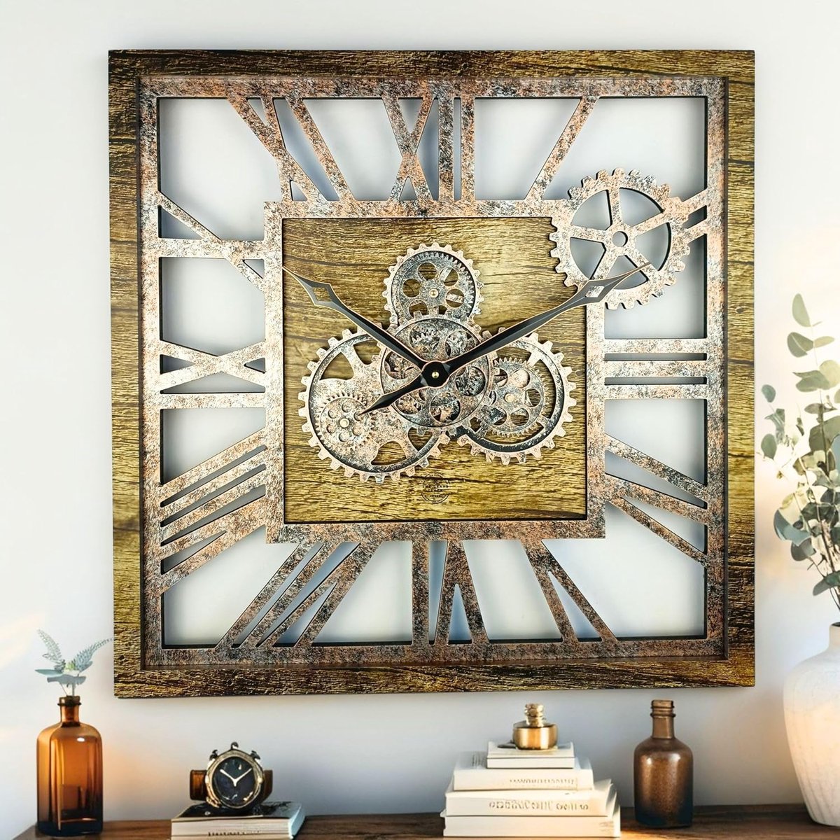 SnelShoppen - Gears Klok 61cm Vierkant Wandklok Vintage Industrie Oversized Rustieke Boerderij Klok Antiek Goud