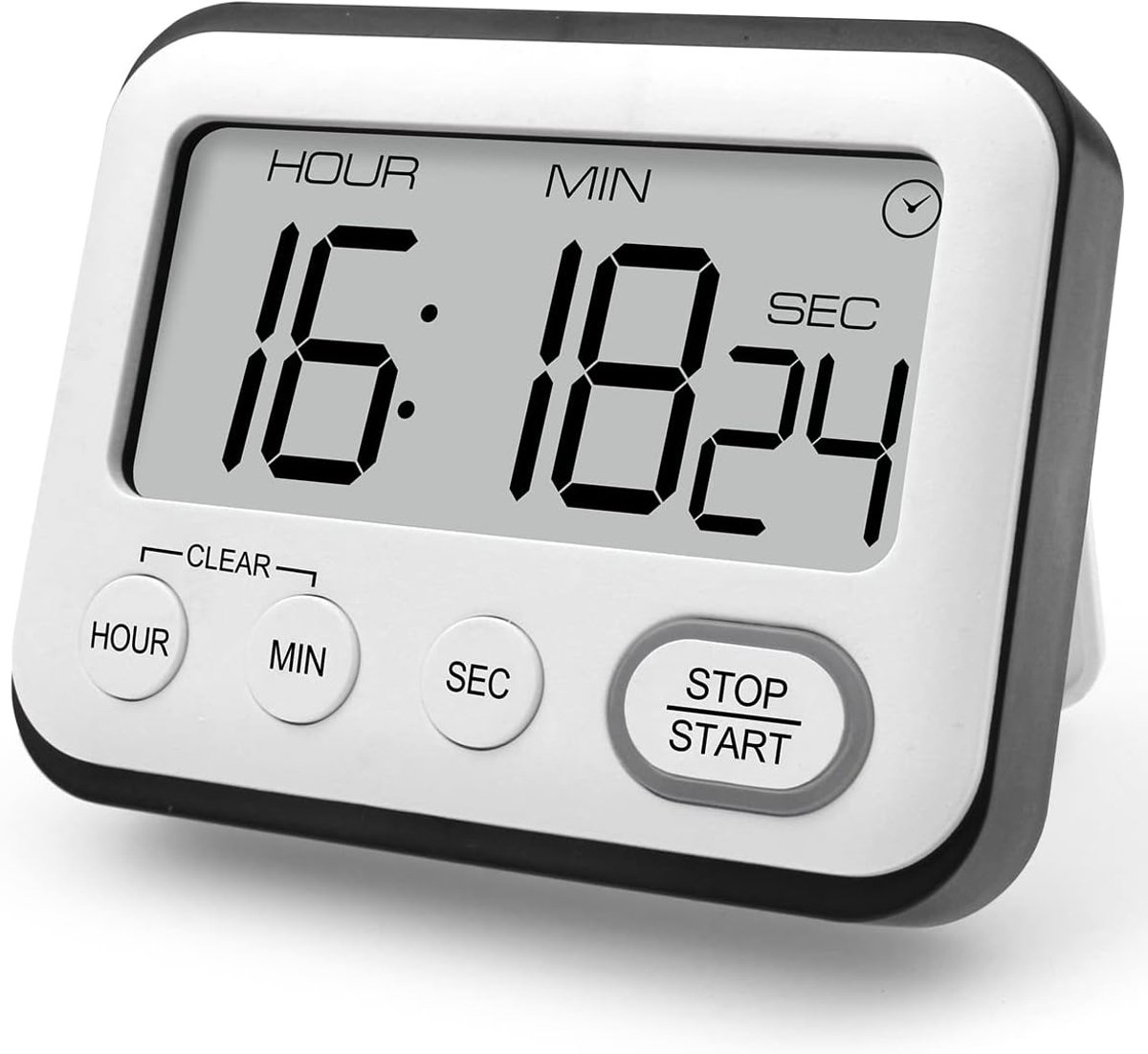 keukentimer, kooktimer met klok, wekker, digitale timer, stopwatch met groot lcd-display met grote cijfers