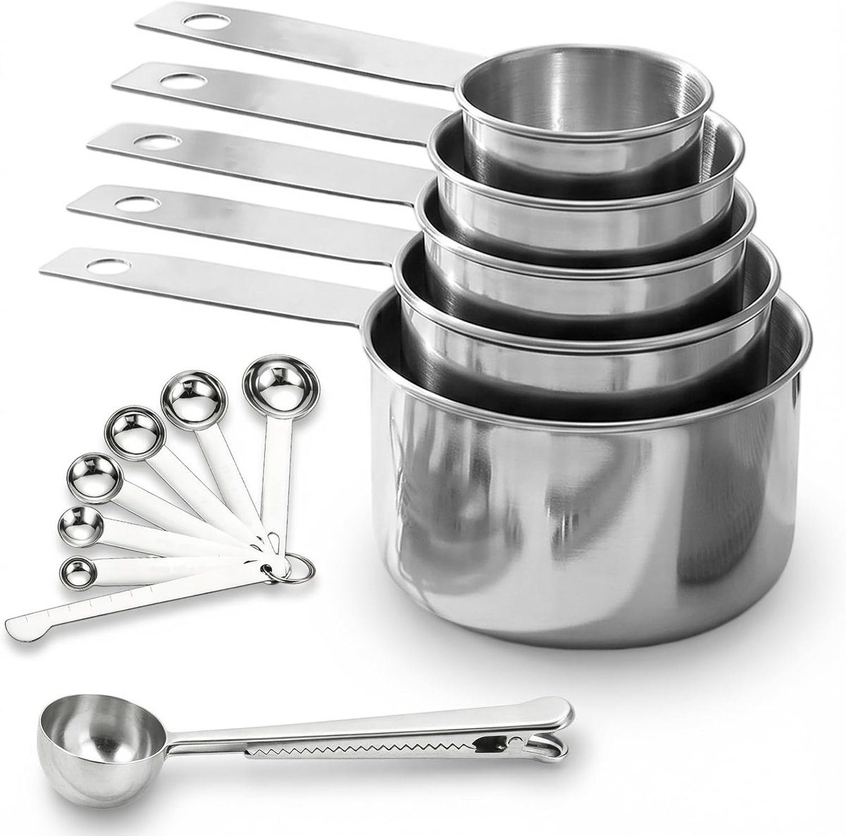 Set van 13 roestvrijstalen maatbekers en maatlepels, scoop met clip, ronde doseerlepel met koffielepel, 5 maatbekers en 6 lepels met meetliniaal, nivellering, theelepel voor koken