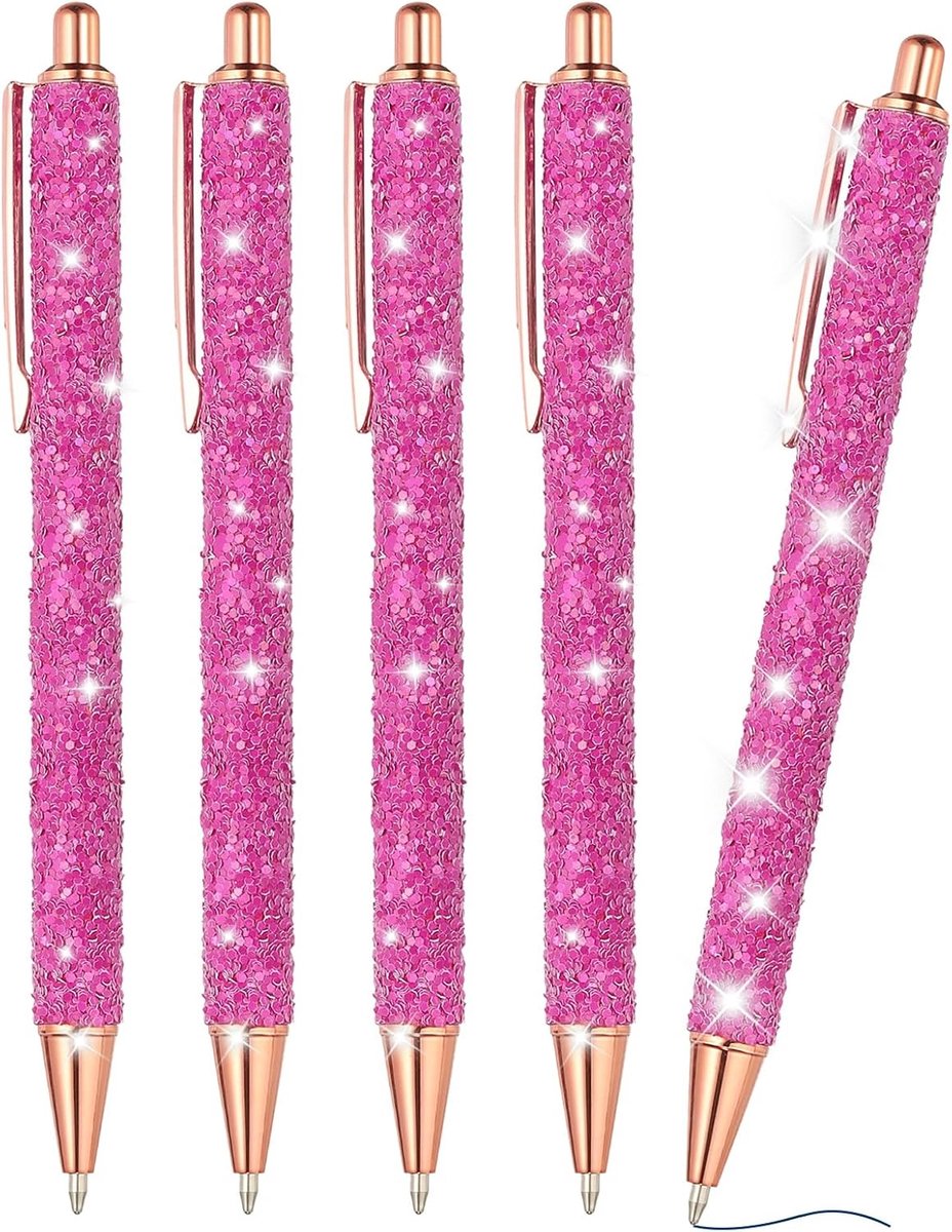 Glitter Balpen, 5 stuks sprankelende fancy pailletten glitter pen intrekbare druk metalen journaling schrijfpennen zwarte inkt voor vrouwen meisjes kantoor verjaardag, rozerood