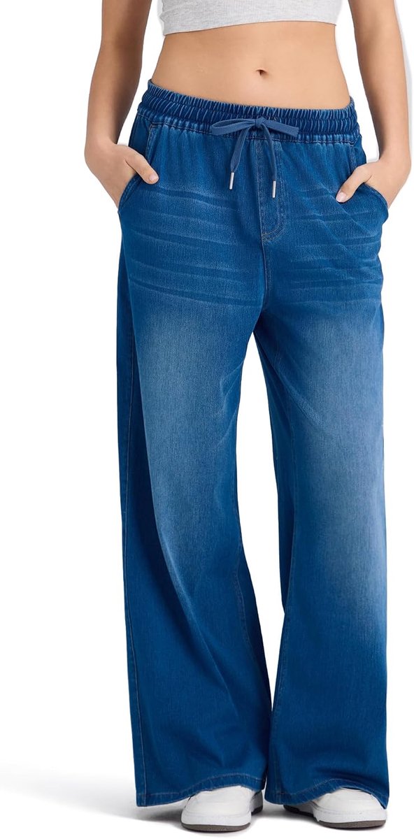 Jeans met Verstelbare Trekkoordtaille. Zachte en Comfortabele Rechte Jeans, Perfect voor Stijlvolle Dagelijkse Looks, Sport, Fitness en Yoga Culotte Jeans