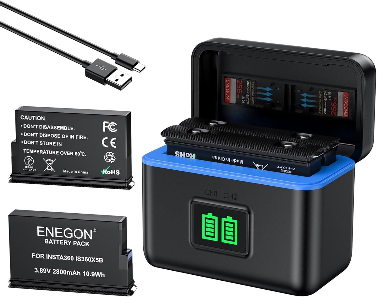 Accu set voor Insta 360 X5, 2800 mAh capaciteit, 2 stuks met handige oplader en LCD-display voor optimale prestaties