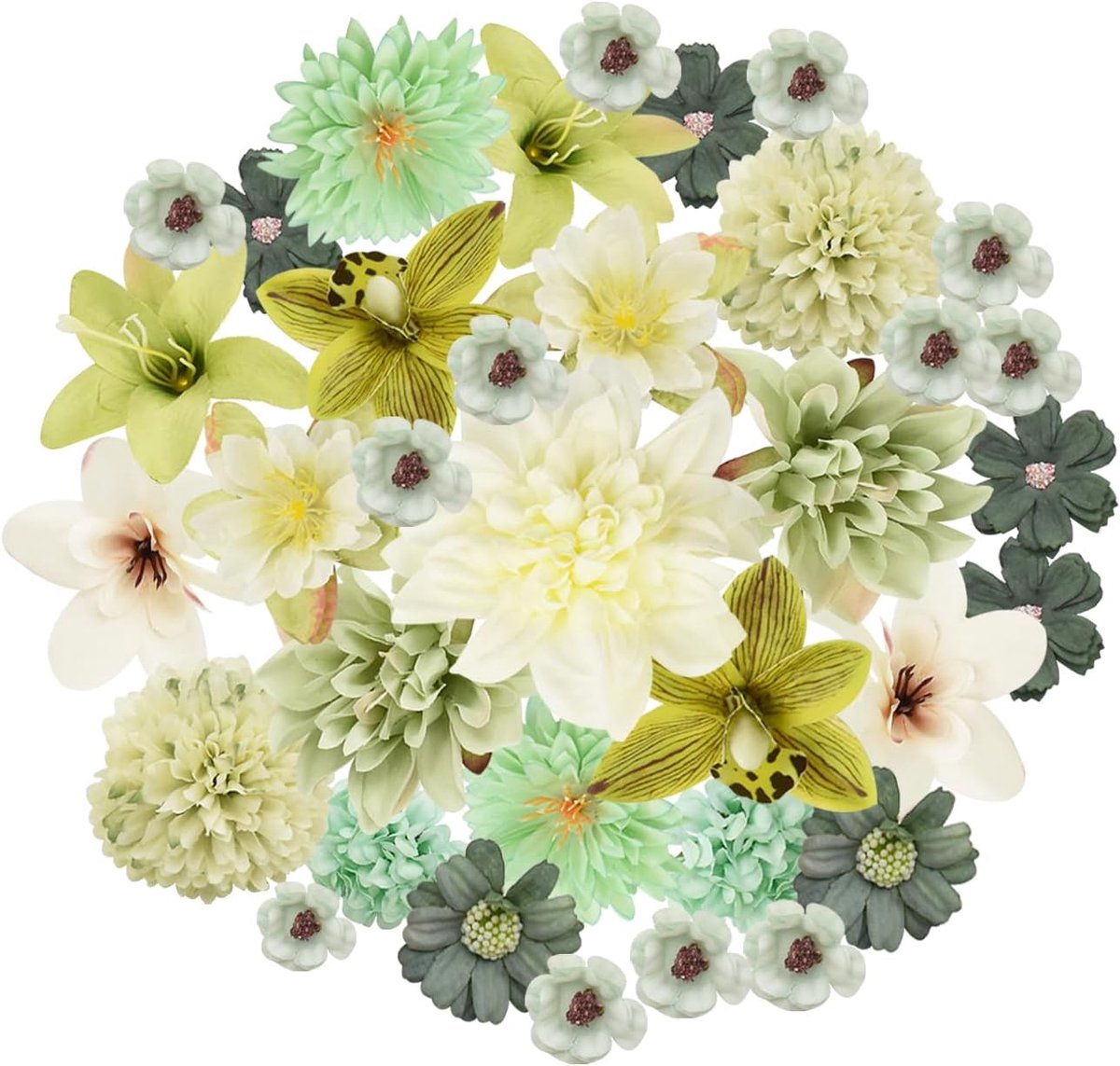 35 kunststof bloemen voor kunsthandwerk, mini decoratieve bloemen in Groen serie, bloemen voor bruidsboeket, wandbord, bruiloftsfeest, feest, huis, tuin, doe-het-zelf, decoratie, fotoprops