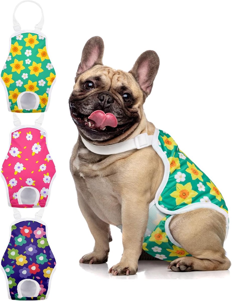 Menstruatiebroek voor honden, 3 stuks, herbruikbare hondenluiers voor dames met verstelbare bretels, wasbare maandverband voor vrouwelijke honden, katten, puppy (bloem, M)
