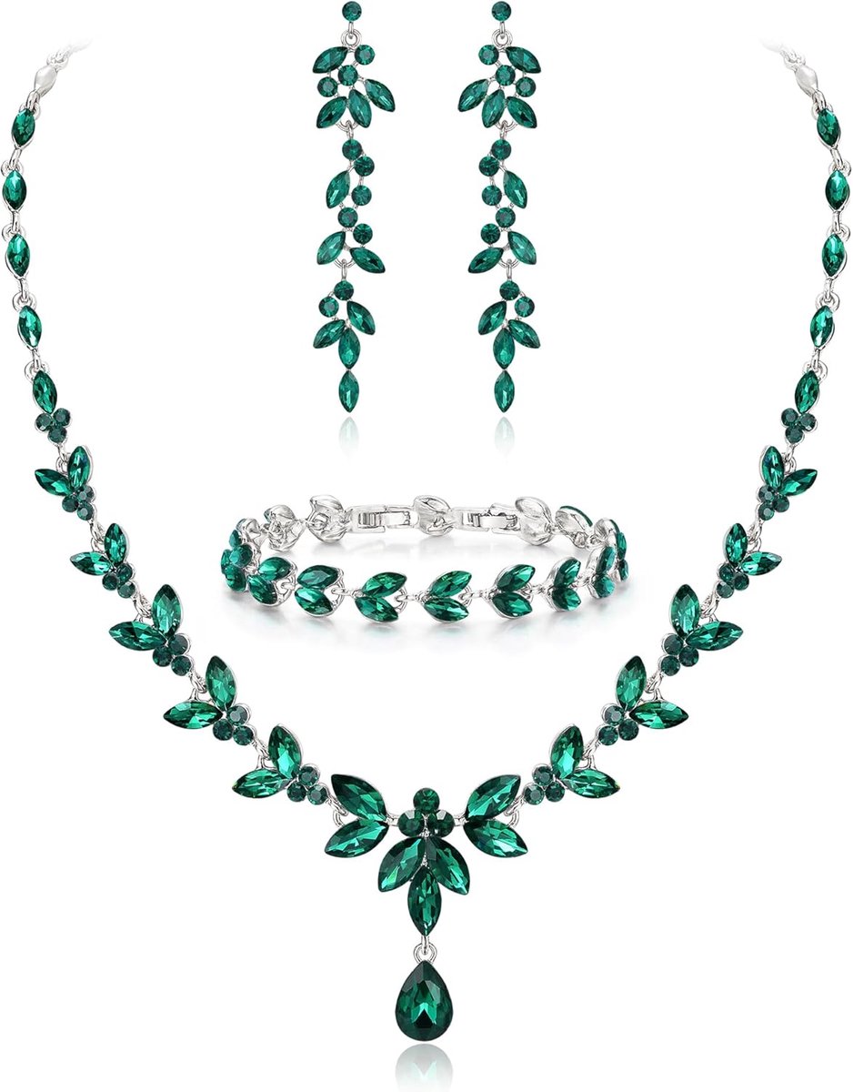 FAITH Bruidssieradenset met Oostenrijkse kristallen, elegante ketting met marquise strass bladeren en bijpassende hangende oorbellen en tennisarmband