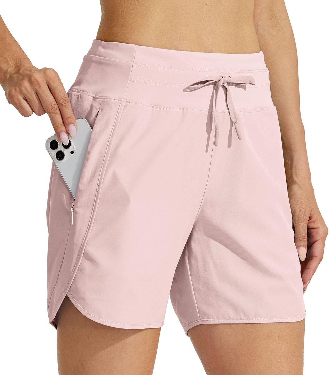 Shorts, sportbroek, korte loopbroek, zomer, loopshorts, wandelbroek, sneldrogend, hoge taille, fitness, sport, hardlopen, ritszak, 12,7 cm, roze, M