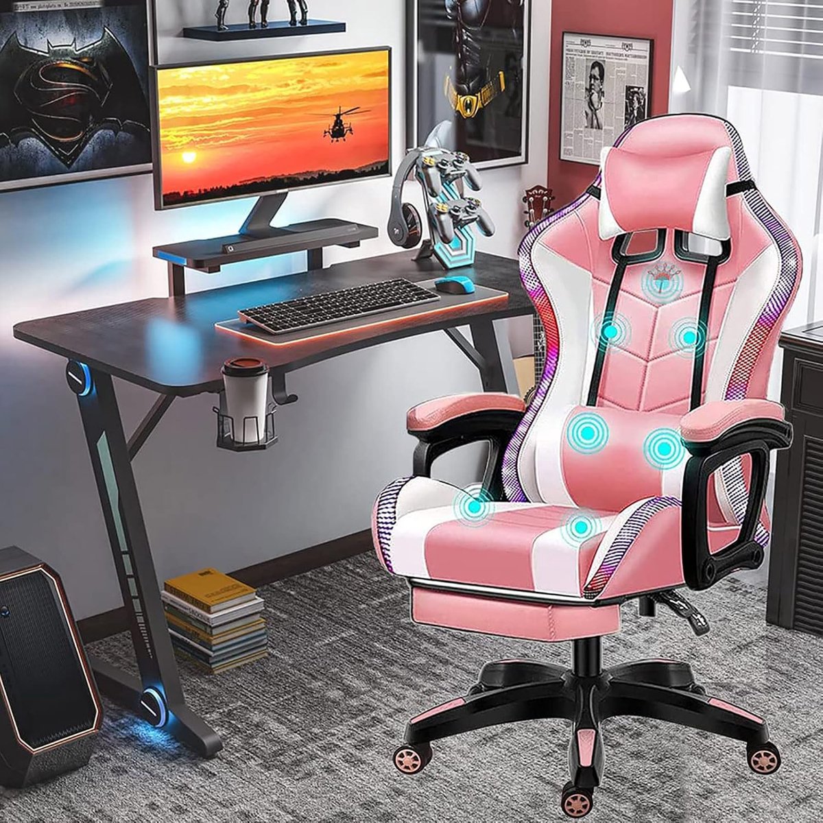 SnelShoppen - Ergonomische Gaming Stoel met Speakers en RGB LED Verlichting, Massagefunctie, Lendensteun en Voetensteun, Roze, Perfect voor Gamer Recr