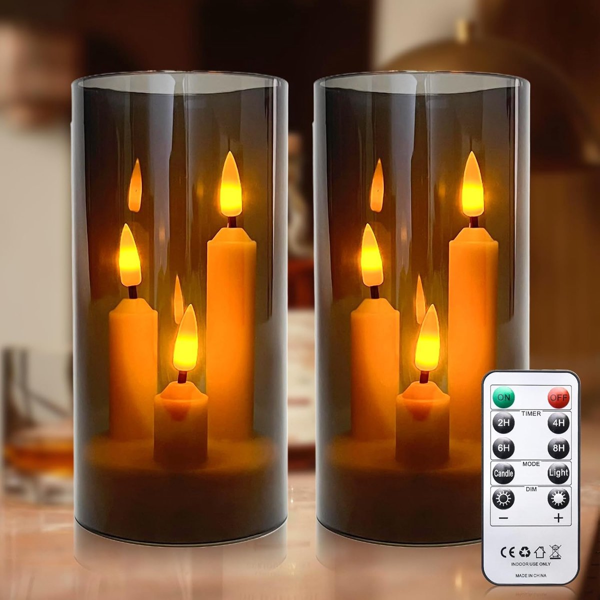led-kaarsen, 3-in-1 set met afstandsbediening en timer, verpakking van 2 stuks, rookgrijs, acryl, 7,5 x 15 cm, drielont led-stompkaarsen, flikkeren, op batterijen, decoratie voor
