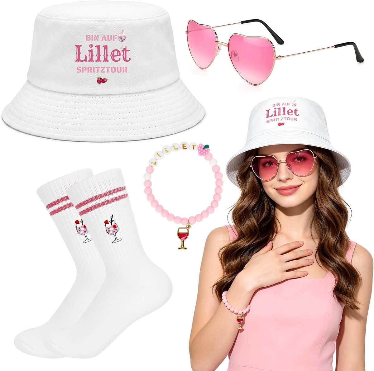 Luxe kostuumaccessoires voor dames, cadeauset met vissershoed, zonnebril, armband en sokken, perfect voor de zomervakantie en feestelijke gelegenheden