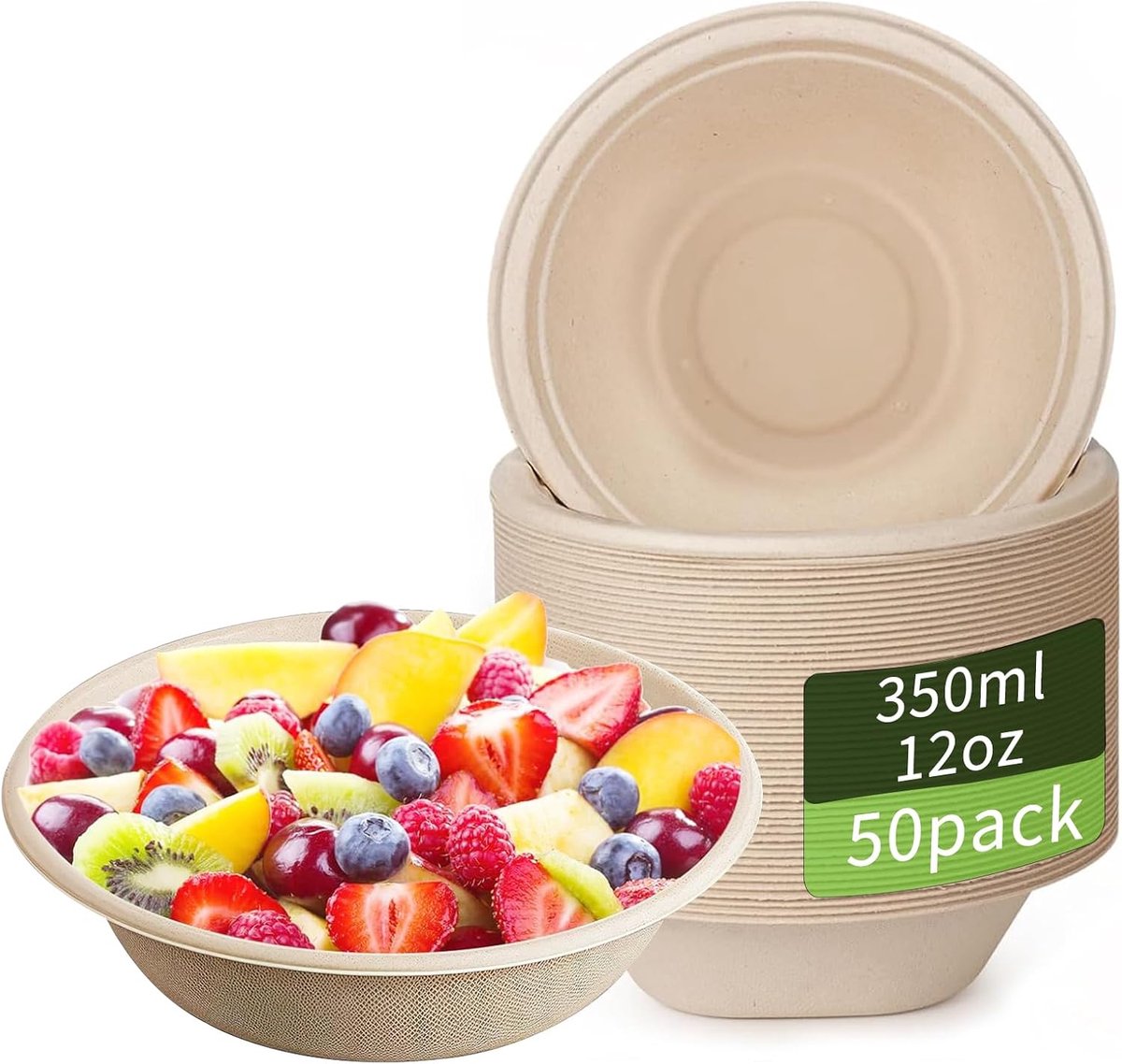 50 stuks wegwerpbare papieren kommen, 350 ml wegwerpbare bagasse-kommen, sterke suikerrietbruine kom, biologisch afbreekbare en composteerbare soepgerechten voor kerstfeest, barbecue, picknick